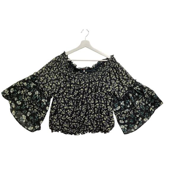 Free People Women's Black Rose Valley Off The Shoulder Bell Sleeve Crop Blouse M - Picture 2 of 7